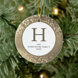 Elegant Monogrammed Glitter Christmas Family Photo Ceramic Tree Decoration