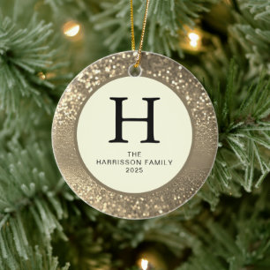Elegant Monogrammed Glitter Christmas Family Photo Ceramic Tree Decoration