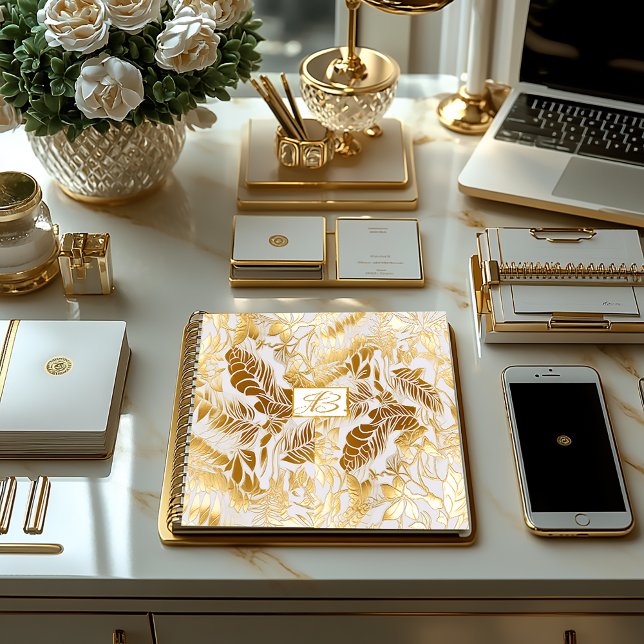 Elegant Monogrammed Gold and Ivory Monstera Leaf Notebook (Beautiful Luxe Gilded Gold Monstera Leaf Monogrammed Notebook/Soft Cover Glossy, Hardcover Matte )