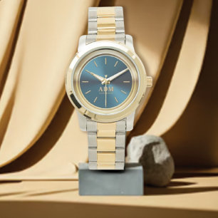 Elegant Monogrammed Gold Blue Metallic Watch