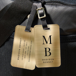 Elegant Monogrammed Gold Brushed Metallic Luggage Tag
