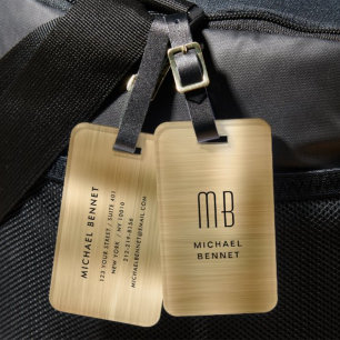 Elegant Monogrammed Gold Brushed Metallic Luggage Tag
