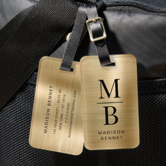 Elegant Monogrammed Gold Brushed Metallic Luggage Tag