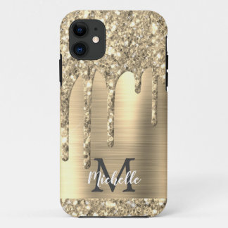 Elegant Monogrammed Gold Glitter Drips Gold Metal Case-Mate iPhone Case