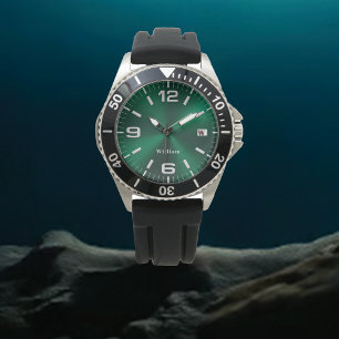 Elegant Monogrammed Green Brushed Metallic Watch