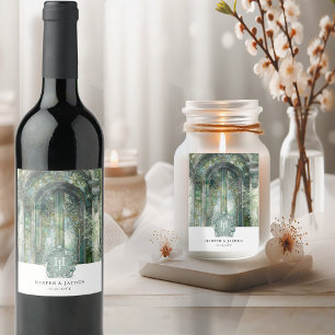 Elegant Monogrammed Green Watercolor Wedding Wine Label