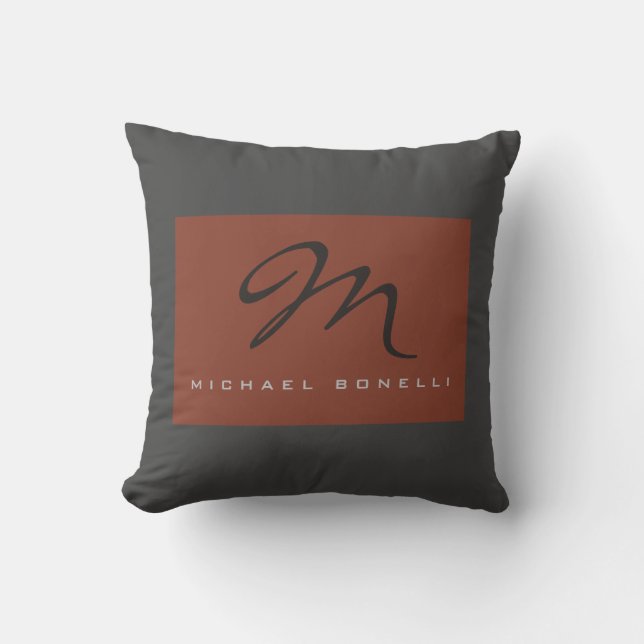 Elegant Monogrammed Grey Brown Handwriting Cushion (Front)