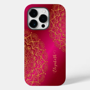 Elegant Monogrammed Hot Pink and Gold Mandala iPhone 14 Pro Case