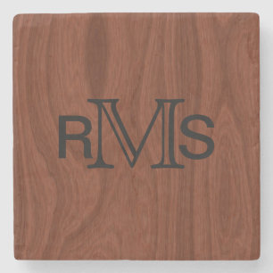 Elegant Monogrammed Initials Mahogany Wood Grain Stone Coaster