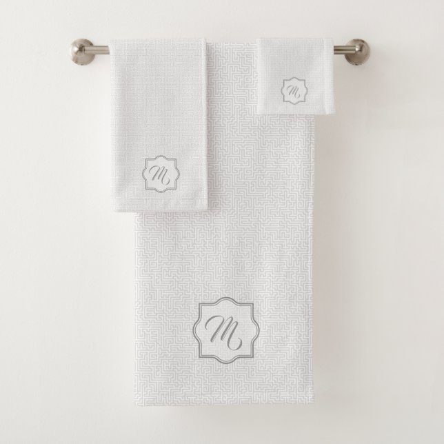 Elegant Monogrammed Light Grey Geometric Pattern Bath Towel Set (Insitu)