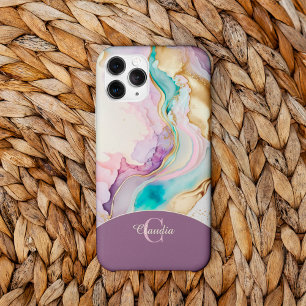 Elegant Monogrammed Marble Liquid Ink iPhone 13 Case