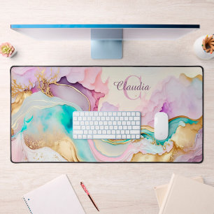 Elegant Monogrammed Marble Liquid Ink Desk Mat