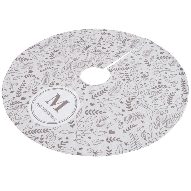 Elegant monogrammed mistletoe brown fleece tree skirt (Angled)