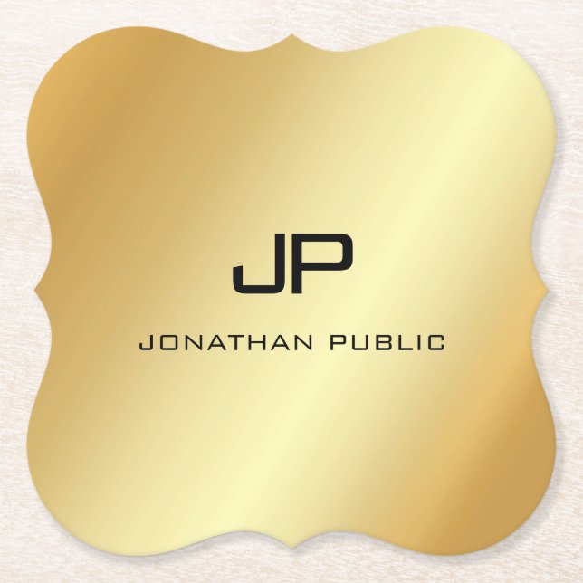 Elegant Monogrammed Modern Faux Gold Template Paper Coaster (Front)