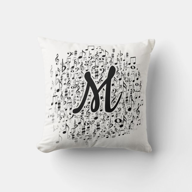 Elegant Monogrammed Musical Notes Pattern Cushion (Front)