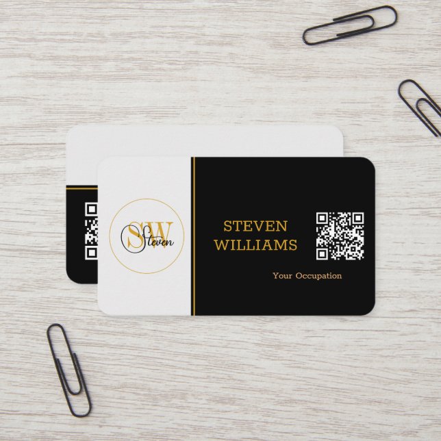 Elegant Monogrammed Name, Signature / QR Code Business Card (Front/Back In Situ)