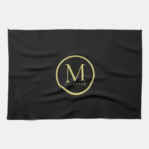 Elegant Monogrammed Name Template Black And Gold Tea Towel