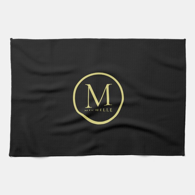 Elegant Monogrammed Name Template Black And Gold Tea Towel (Horizontal)