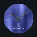 Elegant Monogrammed Navy Blue Brushed Metallic Round Clock<br><div class="desc">Personalized Elegant Monogrammed Navy Blue Brushed Round Clock.</div>