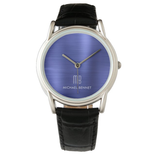 Elegant Monogrammed Navy Blue Brushed Metallic Watch (Front)