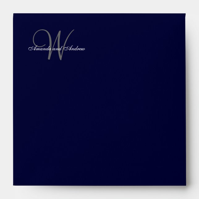 Elegant Monogrammed Navy Blue Grey Wedding Envelope (Front)