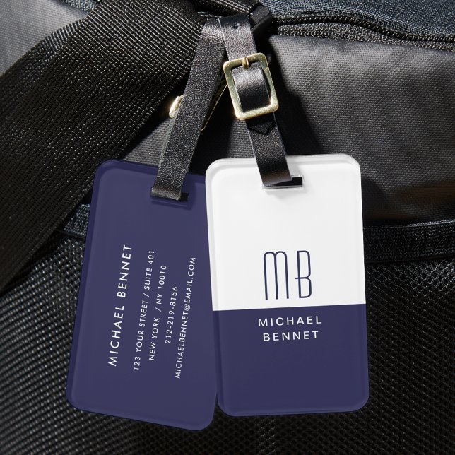 Elegant Monogrammed Navy Blue Luggage Tag (Elegant Monogrammed Navy Blue Luggage Tag)