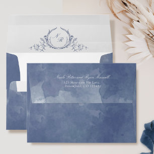 Elegant Monogrammed Navy Blue Watercolor Wedding Envelope
