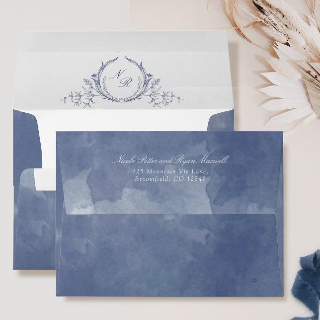 Elegant Monogrammed Navy Blue Watercolor Wedding Envelope (Creator Uploaded)