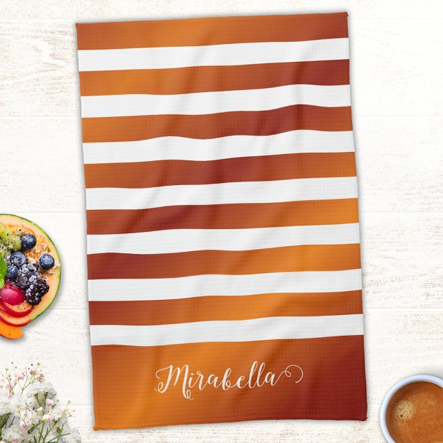 Elegant Monogrammed Orange and White Stripes Tea Towel (Creator Uploaded)