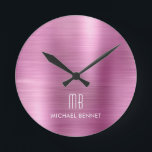 Elegant Monogrammed Pink Brushed Metallic Round Clock<br><div class="desc">Personalised Elegant Monogrammed Pink Brushed Round Clock.</div>