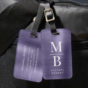 Elegant Monogrammed Purple Brushed Metallic Luggage Tag