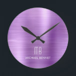 Elegant Monogrammed Purple Brushed Metallic Round Clock<br><div class="desc">Personalised Elegant Monogrammed Purple Brushed Round Clock.</div>