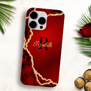 Elegant Monogrammed Red Black Gold Agate Girly iPhone 14 Pro Max Case