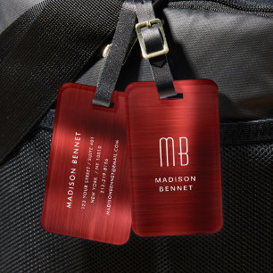 Elegant Monogrammed Red Brushed Metallic Luggage Tag