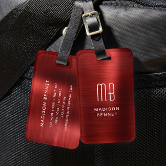 Elegant Monogrammed Red Brushed Metallic Luggage Tag
