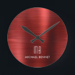 Elegant Monogrammed Red Brushed Metallic Round Clock<br><div class="desc">Personalised Elegant Monogrammed Red Brushed Round Clock.</div>