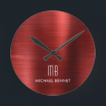 Elegant Monogrammed Red Brushed Metallic Round Clock<br><div class="desc">Personalised Elegant Monogrammed Red Brushed Round Clock.</div>