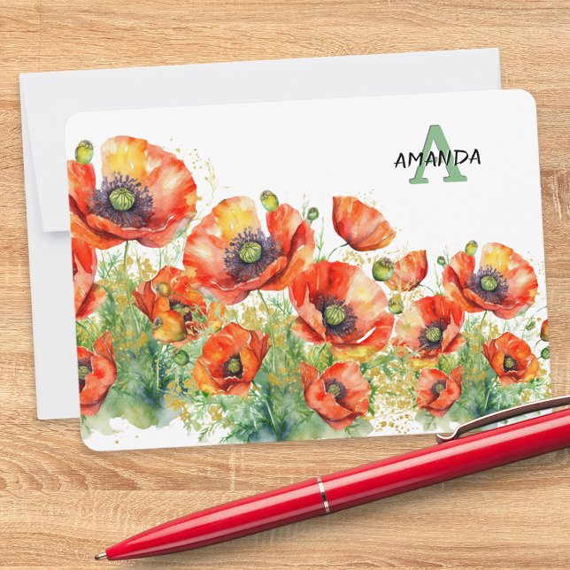 Elegant Monogrammed Red Poppies Poppy Flowers Card (A chic monogrammed notecard with red poppies design in a watercolor style)