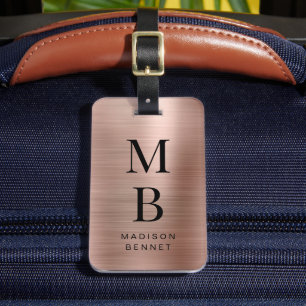 Elegant Monogrammed Rose Gold Brushed Metallic Luggage Tag