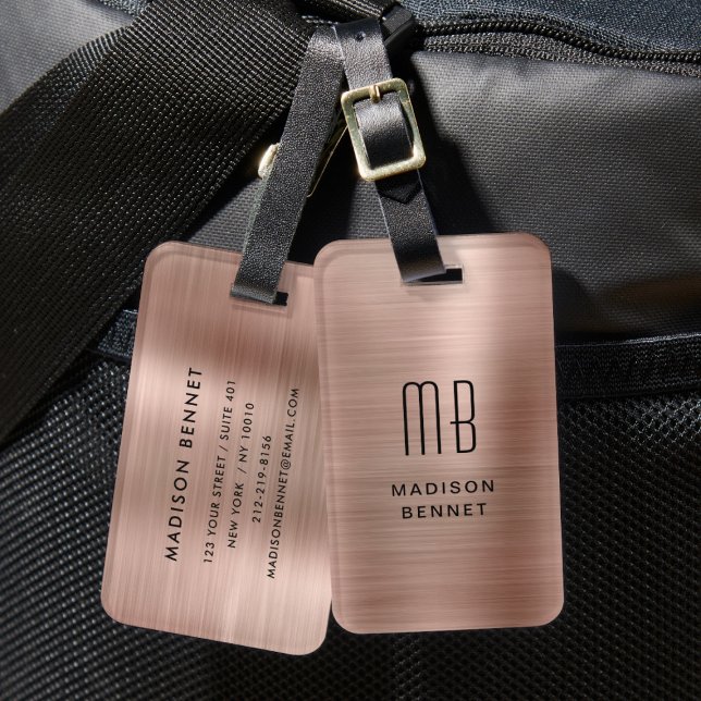 Elegant Monogrammed Rose Gold Brushed Metallic Luggage Tag (Elegant Monogrammed Rose Gold Brushed Metallic Luggage Tag)