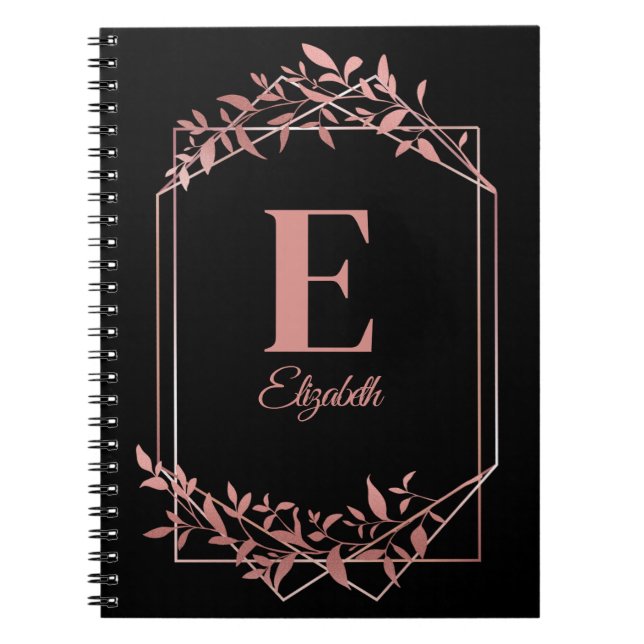 Elegant monogrammed rose gold frame leaves black notebook (Front)