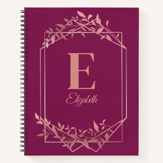 Elegant monogrammed rose gold frame leaves pink notebook (Front)