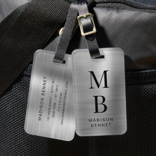 Elegant Monogrammed Silver Brushed Metallic Luggage Tag