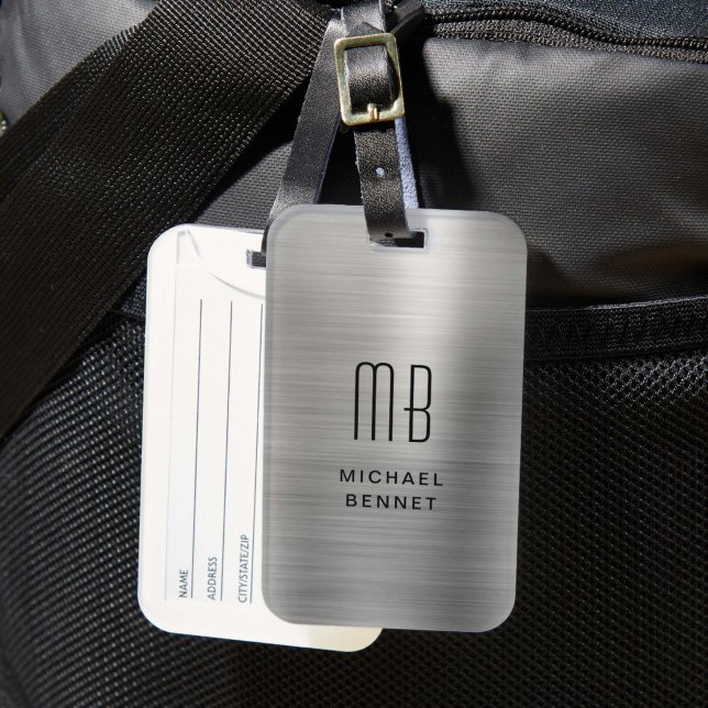 Elegant Monogrammed Silver Brushed Metallic Luggage Tag (Elegant Monogrammed Silver Brushed Metallic Luggage Tag)