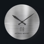 Elegant Monogrammed Silver Gray Brushed Metallic Round Clock<br><div class="desc">Personalized Elegant Monogrammed Silver Gray Brushed Round Clock.</div>