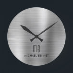 Elegant Monogrammed Silver Gray Brushed Metallic Round Clock<br><div class="desc">Personalized Elegant Monogrammed Silver Gray Brushed Round Clock.</div>