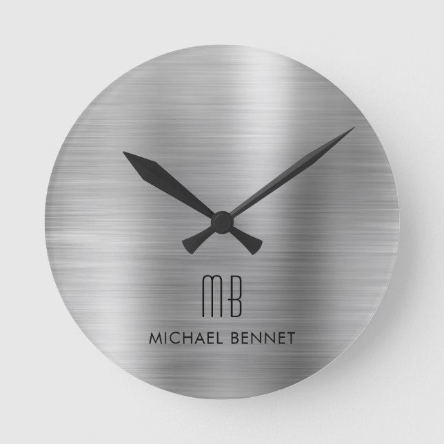 Elegant Monogrammed Silver Grey Brushed Metallic Round Clock (Front)