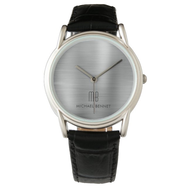 Elegant Monogrammed Silver Grey Brushed Metallic Watch (Front)