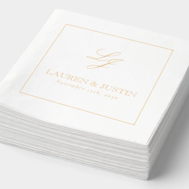 Elegant Monogrammed Simple Script Wedding Gold Foil Napkins (Detail)