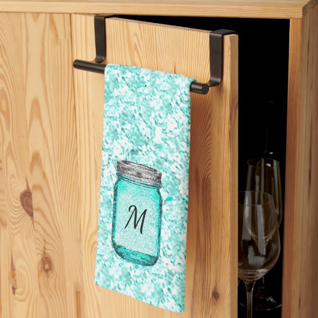 Elegant Monogrammed Stylish Pattern Teal Tea Towel (Thirds Fold)